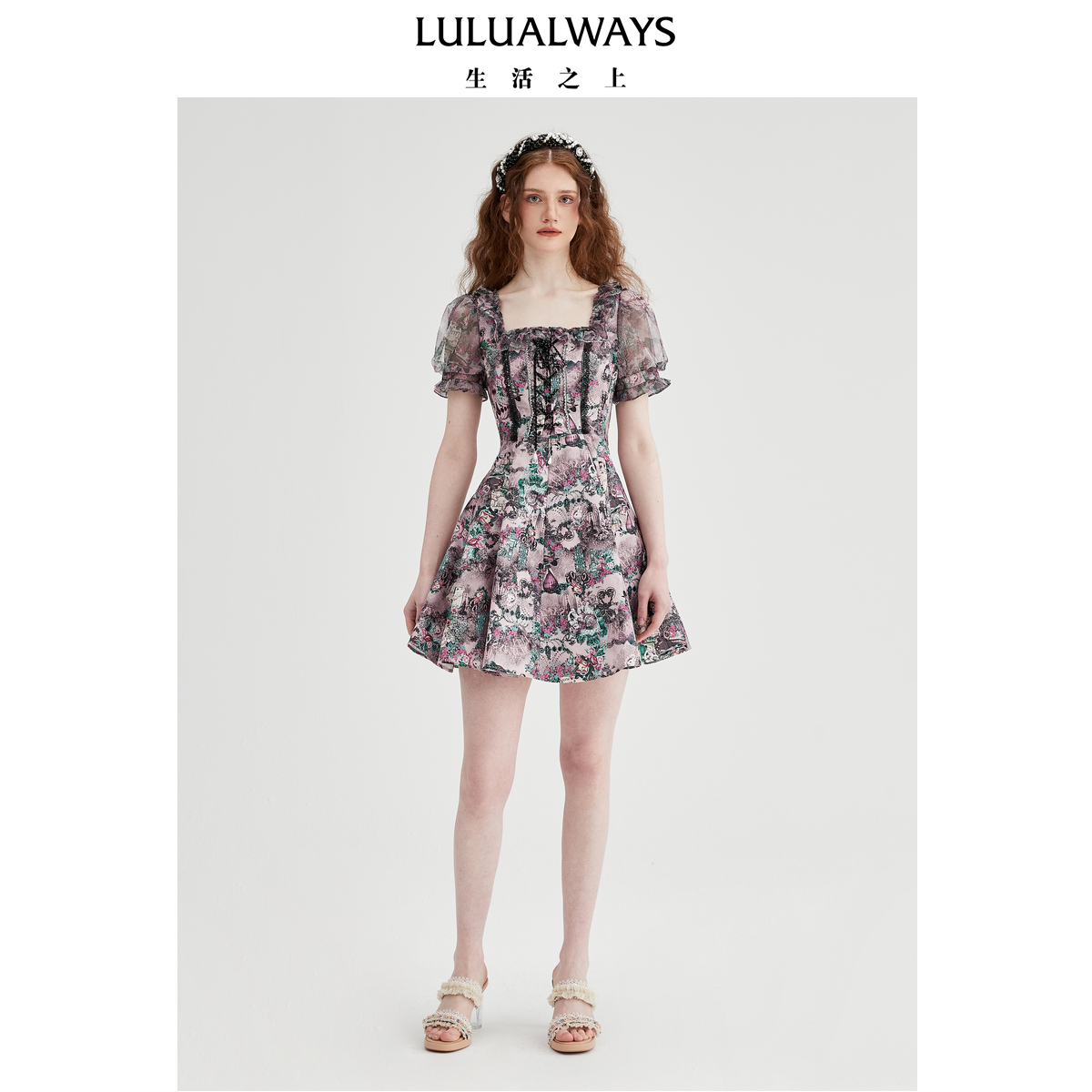LULUALWAYS【商场同款】25夏季新款复古宫廷提花方领泡泡袖连衣裙