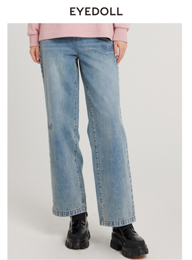 EYEDOLL新款设计感显瘦直筒百搭蓝色牛仔长裤