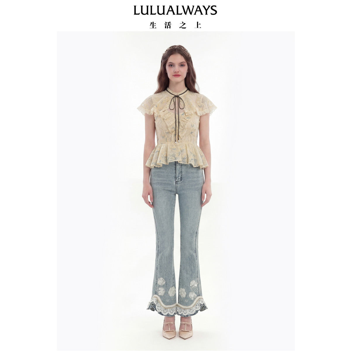 LULUALWAYS【商场同款】26夏季新款复古做旧风刺绣蕾丝微喇牛仔裤