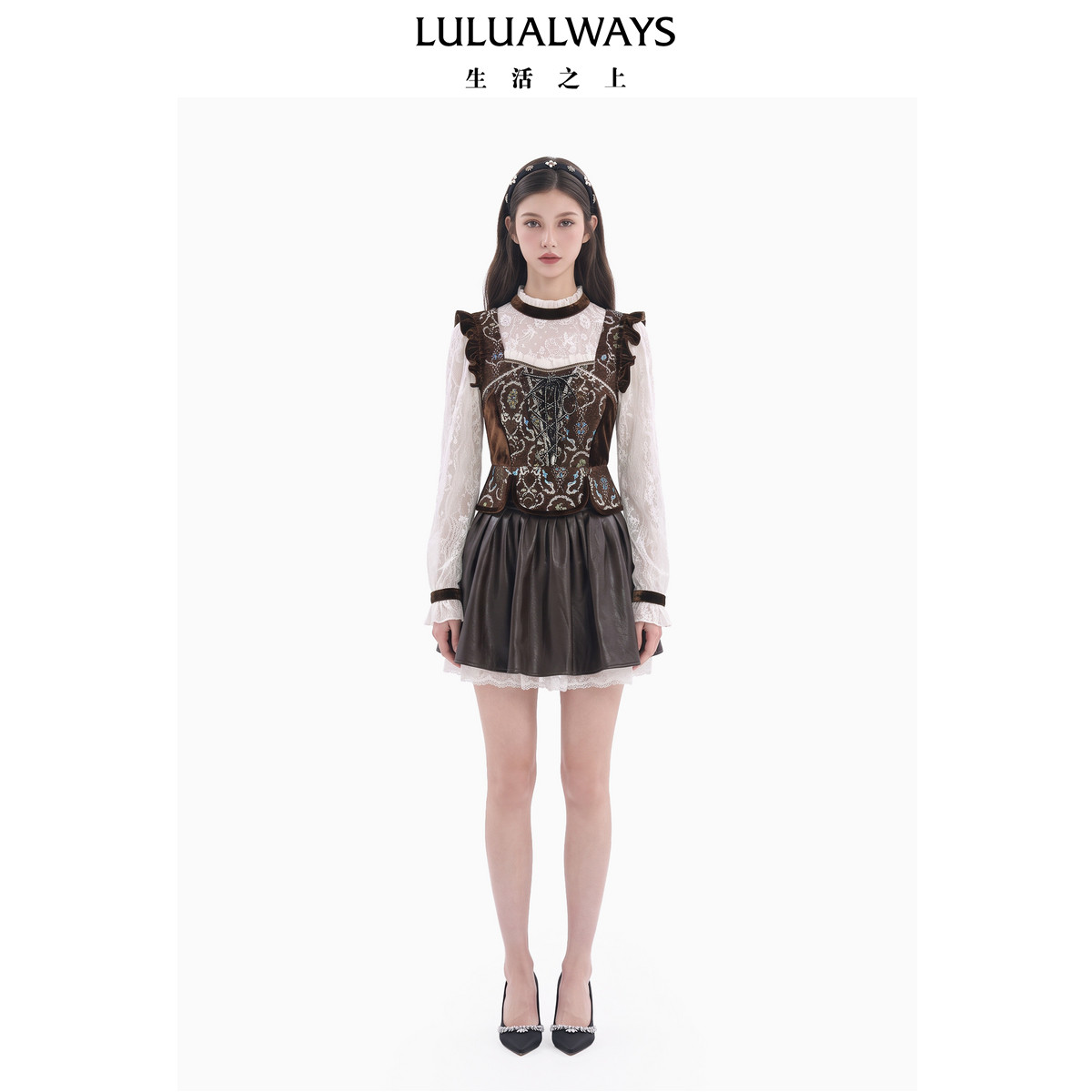 LULUALWAYS【商场同款】26冬季新款甜酷复古拼接蕾丝芭蕾风半身裙