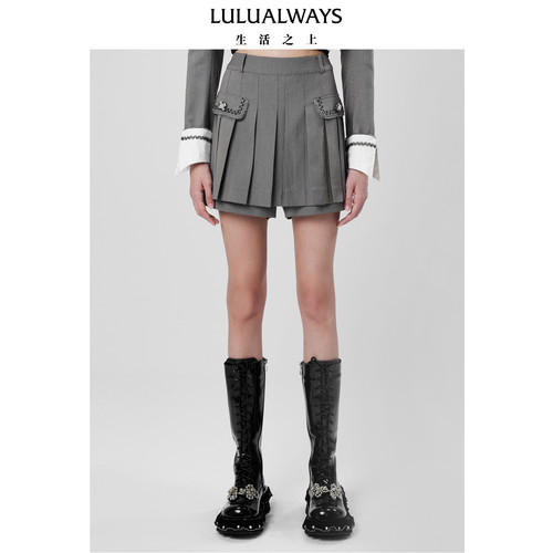 LULUALWAYS我爱露露秋季显瘦A型条纹双层百褶设计短裙