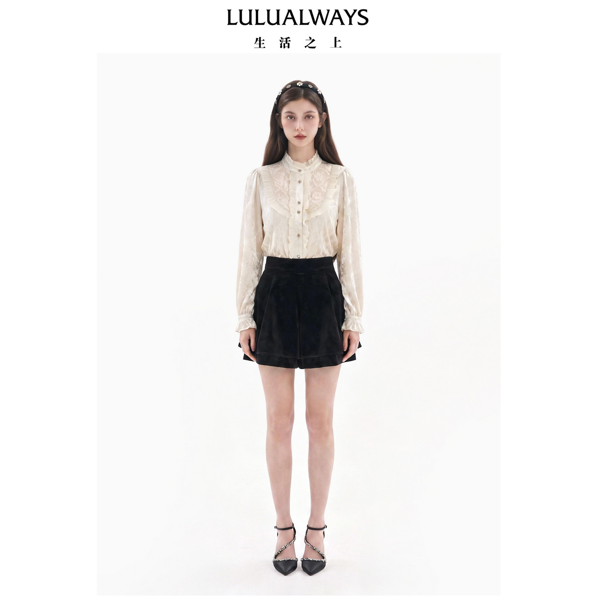 LULUALWAYS【商场同款】26秋季新款甜系千金黑色丝绒高腰半身裙