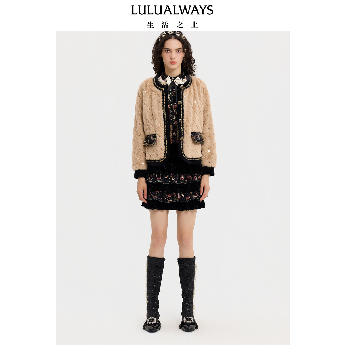 LULUALWAYS【商场同款】25冬季新款优雅保暖米色丝绒拼接毛毛外套