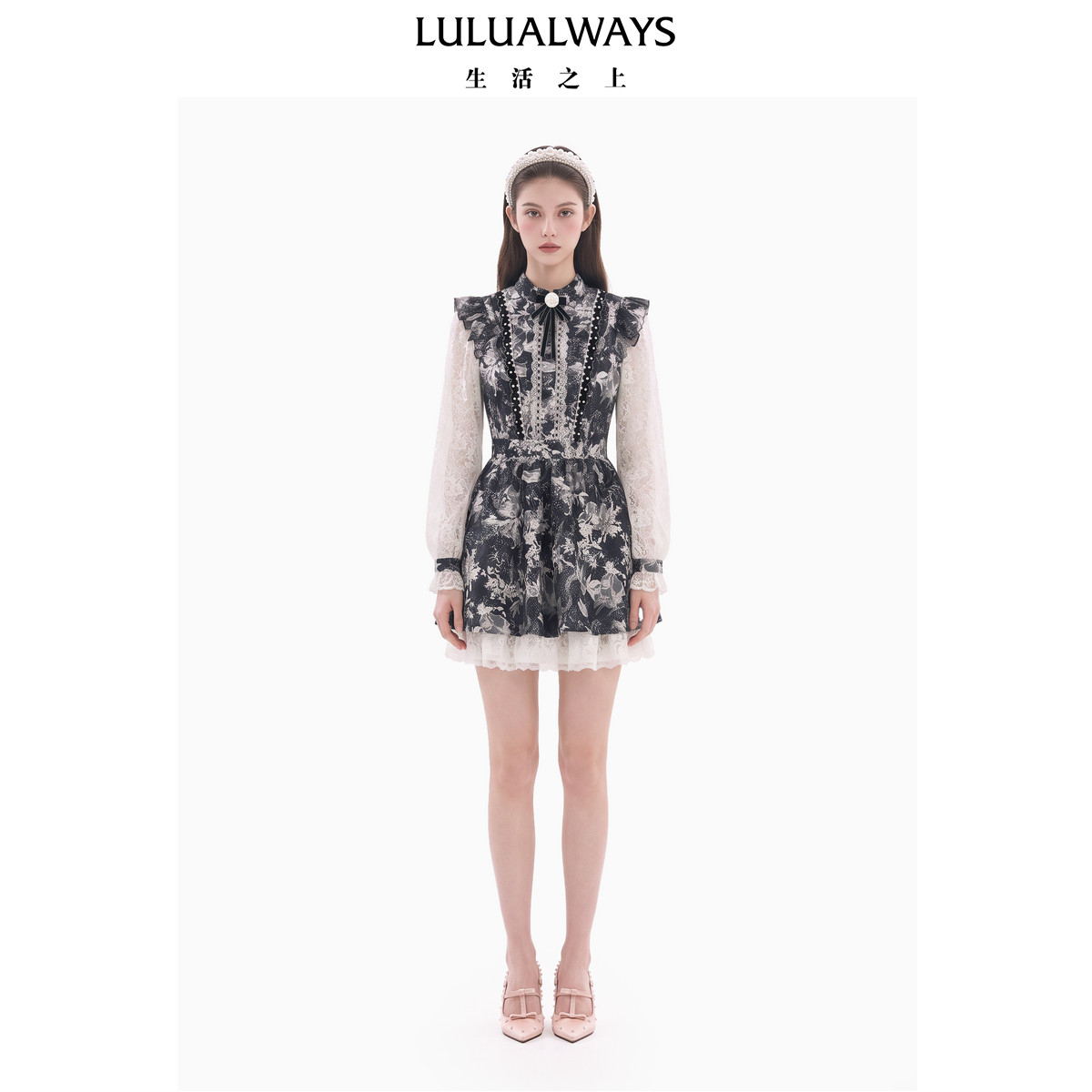 LULUALWAYS【商场同款】26冬季新款复古宫廷蕾丝拼接洛丽塔连衣裙