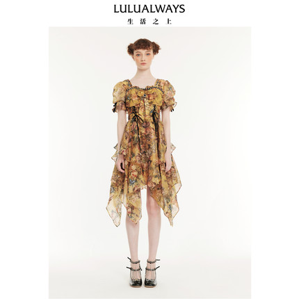 LULUALWAYS【商场同款】秋季新款复古宫廷风绑带提花印花连衣裙