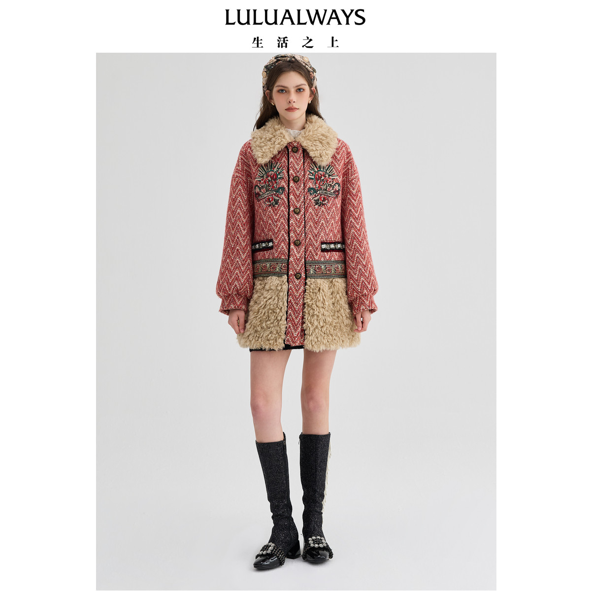LULUALWAYS【商场同款】24冬季新款时尚设计感宽松毛呢拼接外套女