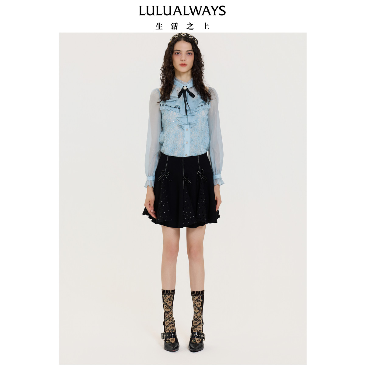 LULUALWAYS【商场同款】秋季新款法式浪漫风蕾丝荷叶边设计衬衫