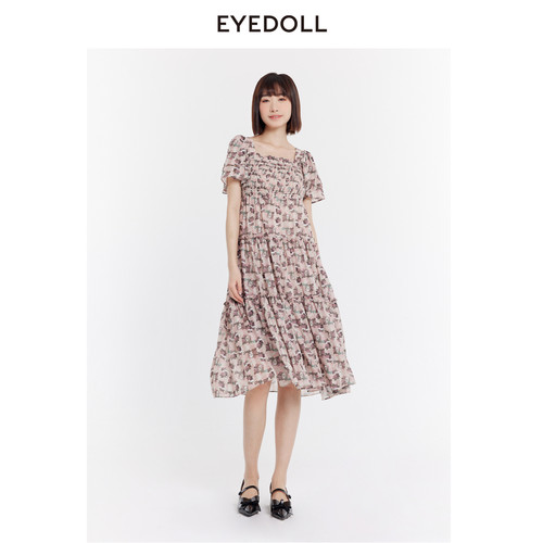 EYEDOLL夏季新款温柔浪漫碎花茶歇中长款连衣裙