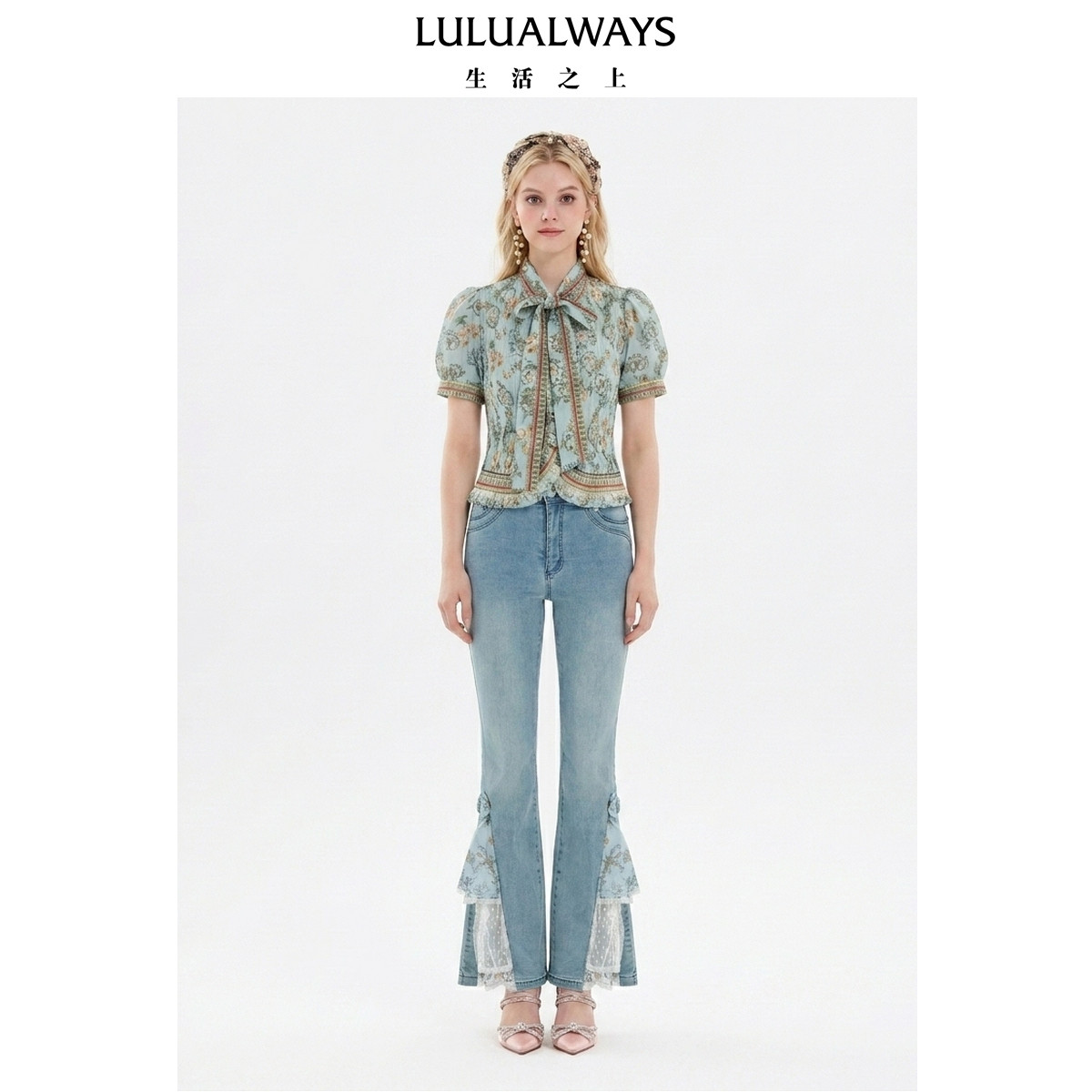 LULUALWAYS【商场同款】26夏季新款显瘦设计感蕾丝拼接微喇牛仔裤
