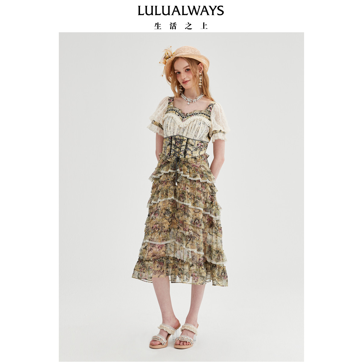 LULUALWAYS【商场同款】宫廷风绑带蕾丝拼接提花连衣裙,女装/女士精品,连衣裙,淘宝优惠券,粉丝福利购,淘宝优惠卷