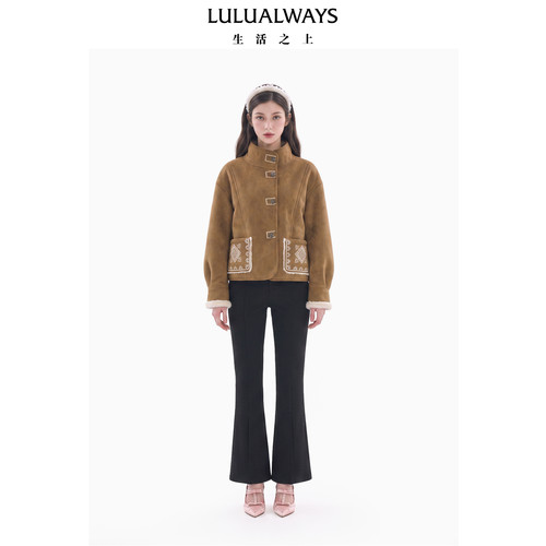 LULUALWAYS我爱露露26冬季新款复古民族风氛围感驼色立领刺绣外套