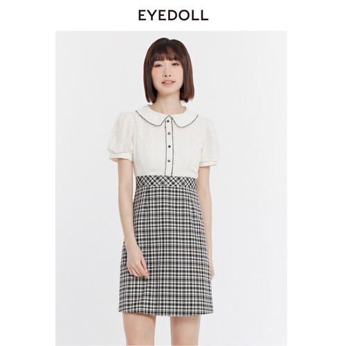 EYEDOLL夏季新款时尚娃娃领欧根纱绣花拼接连衣裙