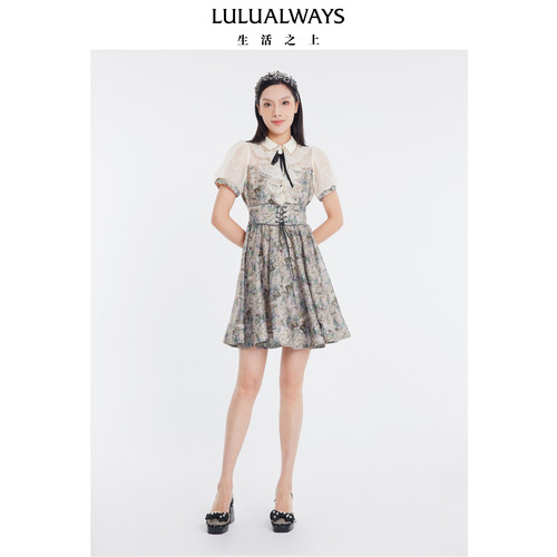 LULUALWAYS我爱露露夏季新款法式复古甜美设计感腰封短款连衣裙