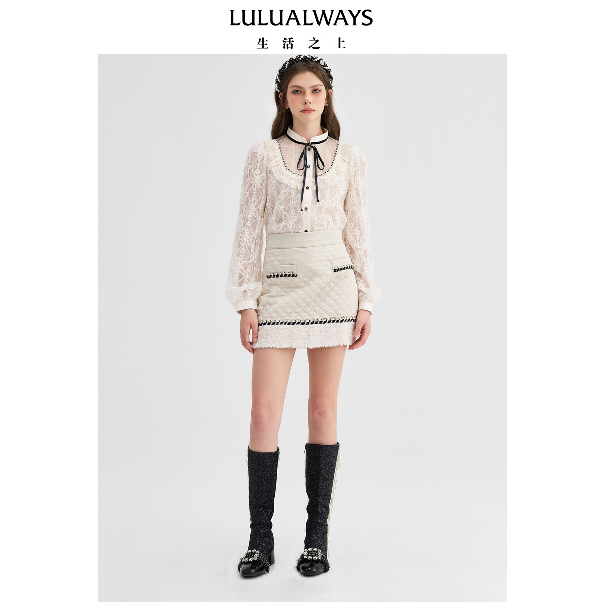LULUALWAYS【商场同款】冬季新款法式立领百搭重工盘花蕾丝衬衫