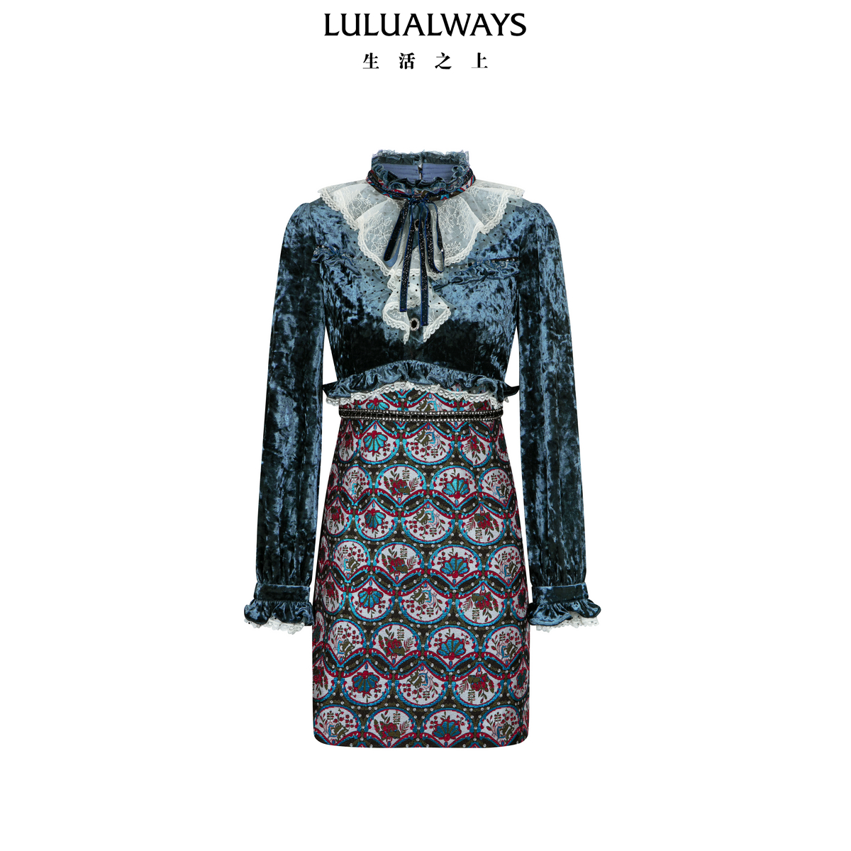 LULUALWAYS【商场同款】25冬季新款复古华丽风丝绒拼接蕾丝连衣裙