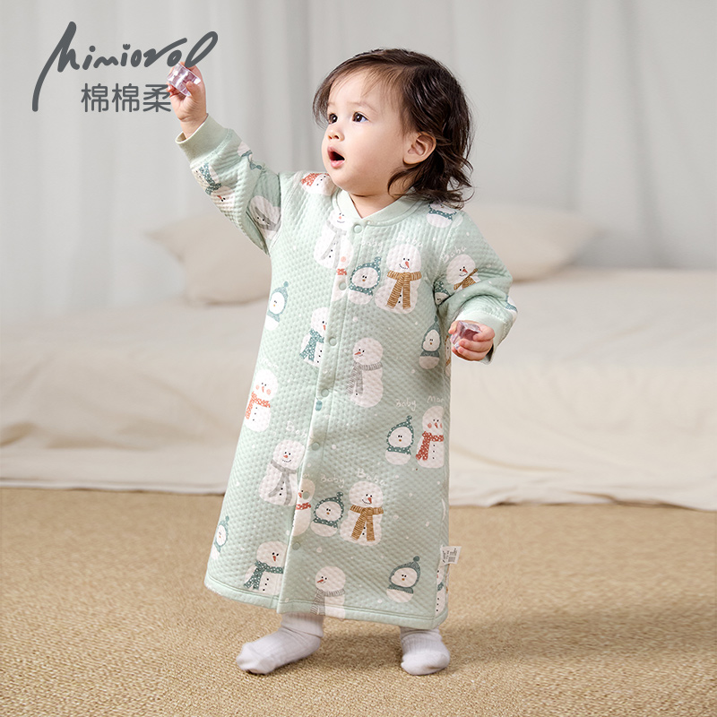 婴儿童睡袍冬季宝宝连体睡衣秋冬薄棉三层保暖长款男女护肚家居服