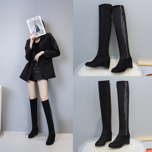 2024秋冬内增高显瘦弹力过膝长靴女三穿瘦腿绒面水钻坡跟高筒靴子