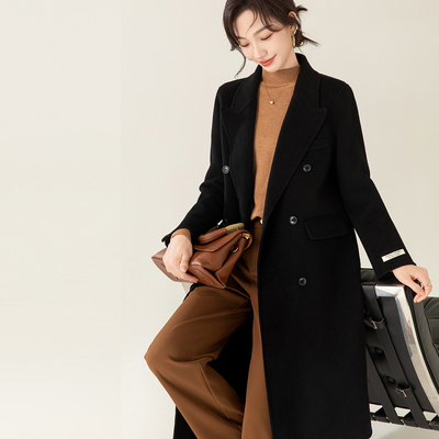 黑色正肩双面羊毛大衣女秋冬2025新款小个子羊毛中长款呢子外套