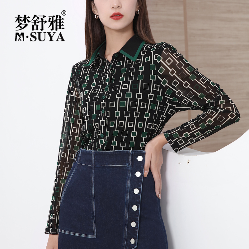 梦舒雅女装上衣衬衫女2022春款新款韩版弹力polo领单排扣长袖衬衣