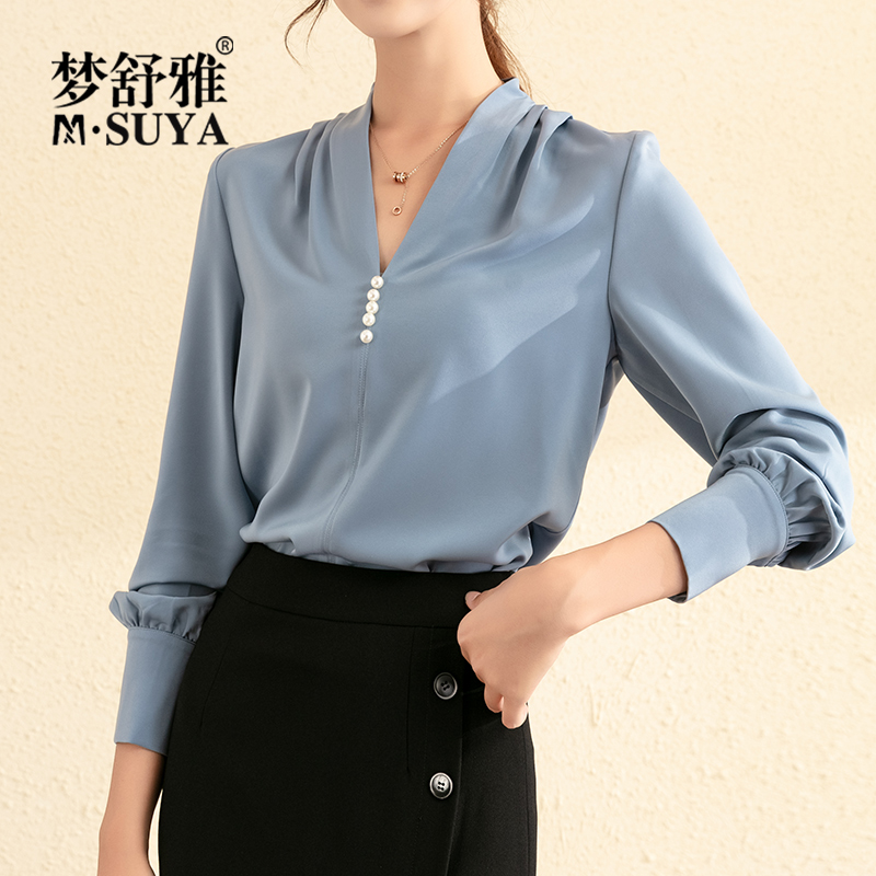 梦舒雅上衣缎面衬衫女v领珍珠套头衫早秋款设计感气质法式雪纺衫