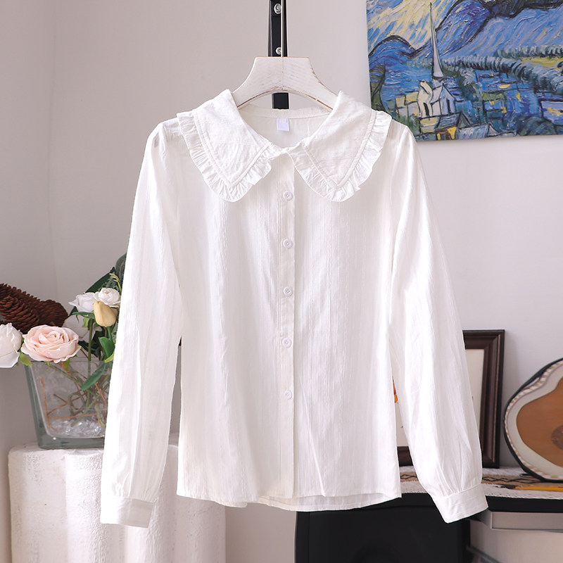 春秋新款棉布衬衫女长袖宽松休闲衬衣娃娃领百搭上衣简约外搭衬衣