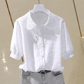 衬衣小衫 2025夏季 女小众清新蕾丝拼接POLO领上衣短袖 雪纺衬衫 新款
