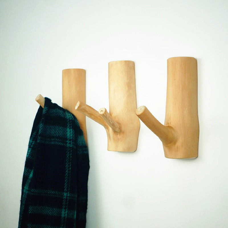 创意原木树杈挂钩强力免打孔树枝粘钩实木挂钩民宿装饰壁挂衣帽钩