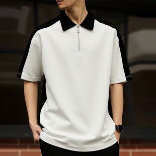 撞色翻领POLO衫男短袖宽松半拉链休闲上衣夏季拼色重磅纯棉体恤衫