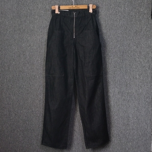 外贸春秋黑色牛仔裤高腰棉质硬朗直筒裤长裤休闲拉链款清仓处理女