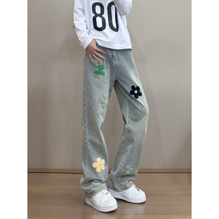 男款高街裤子牛仔裤美式韩版显腿长男生植绒修身直筒刺绣休闲裤