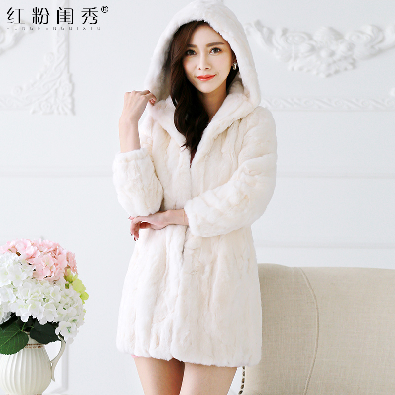 Haining True Reading Rabbit Mao 2022 Autumn and Winter New Slim Slim Slim -Riblon Hat Fur Jacket Mid -length Hooded Coat Woman