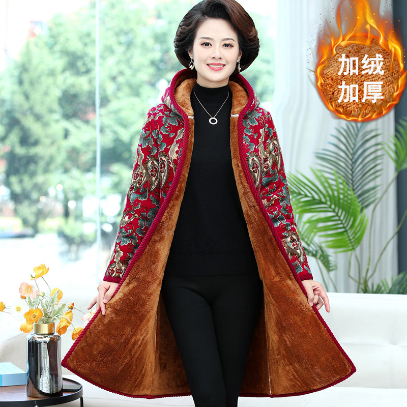 千丝鹿中老年女装棉衣中长款妈妈棉服加绒加厚老年人冬装外套棉袄