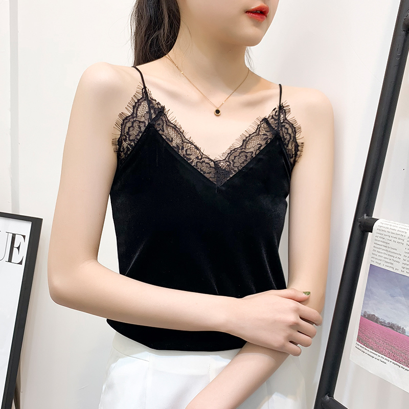V领吊带丝绒拼接色蕾丝打底衫女2020春夏新款内搭外穿小吊带背心