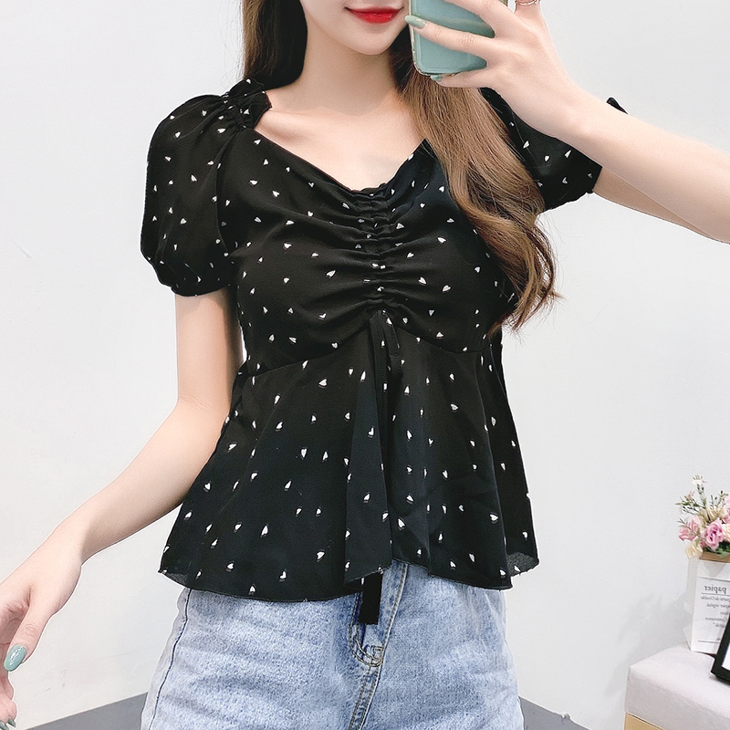 甜美碎花娃娃衫女夏季韩版抽绳系带百搭显瘦上衣一字肩两穿雪纺衫在类目 女装/女士精品, 蕾丝衫/雪纺衫中 - 来自Buy2taobao.com提供专业的淘宝代购服务