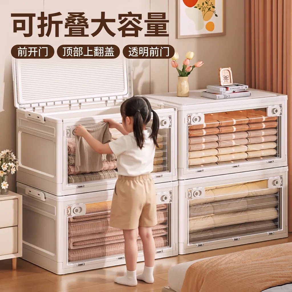 佳帮手收纳箱透明前门家用衣服被子整理箱塑料可折叠可叠放大容量
