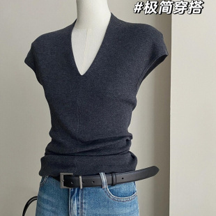 掐腰显身材冰丝上衣 韩国极简V领高级感小飞袖 针织短袖 女夏季 修身
