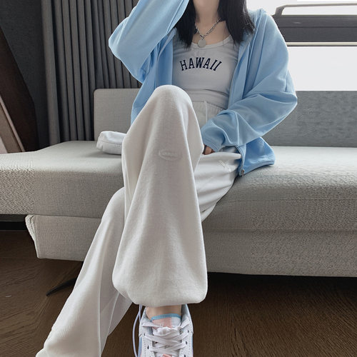韩国白色运动裤女宽松阔腿卫裤春