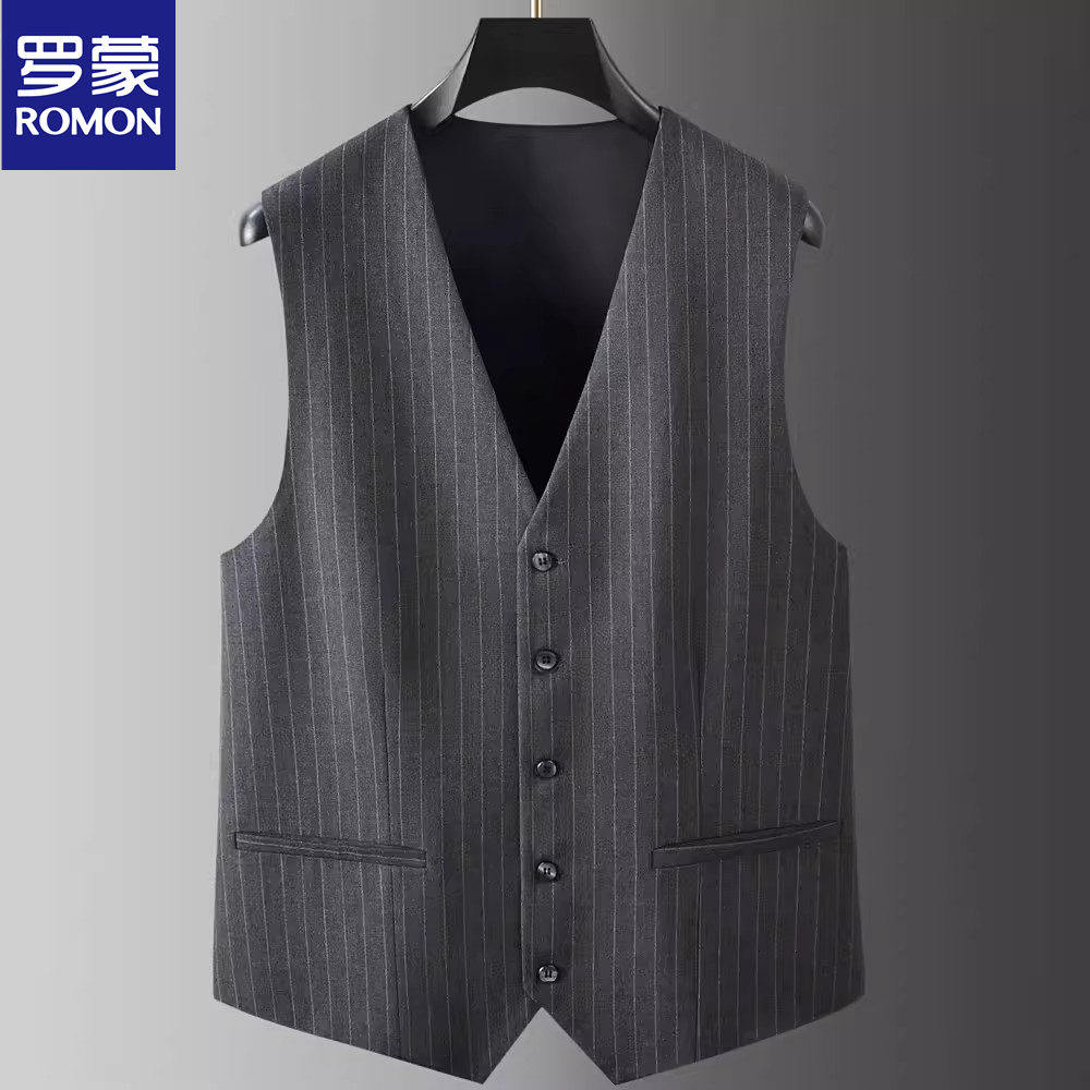 罗蒙正品胖子正装西服马甲男结婚礼服宽松竖条纹大码套装西装背心