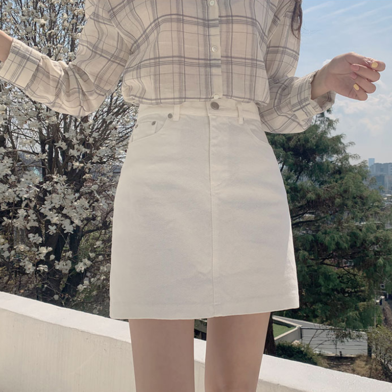 3白色牛仔半身裙a字裙女夏小个子新款显瘦韩版高腰包臀防走光短裙