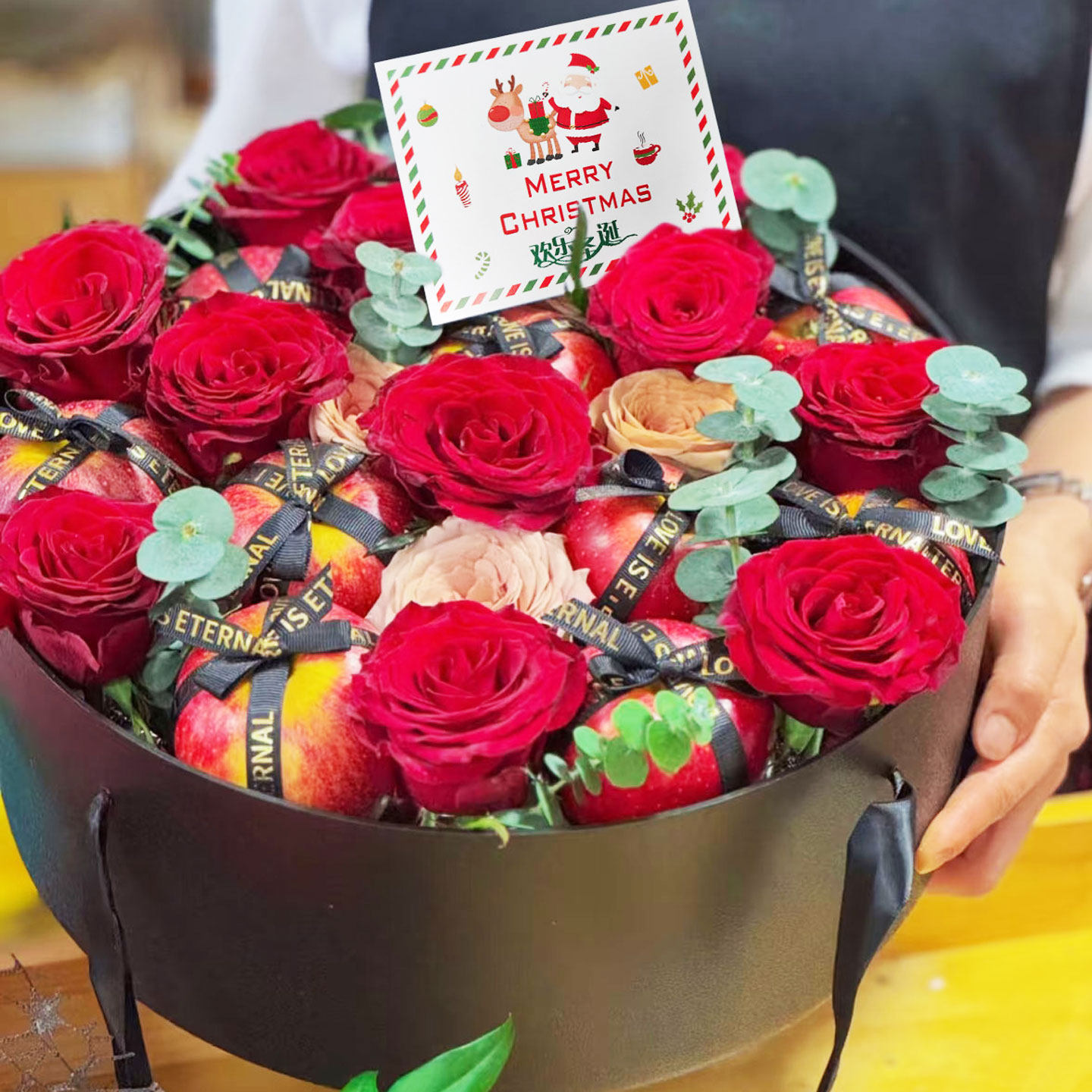 圣诞节鲜花水果礼盒空盒圆形黑色 平安果花束包装盒礼品盒DIY材料