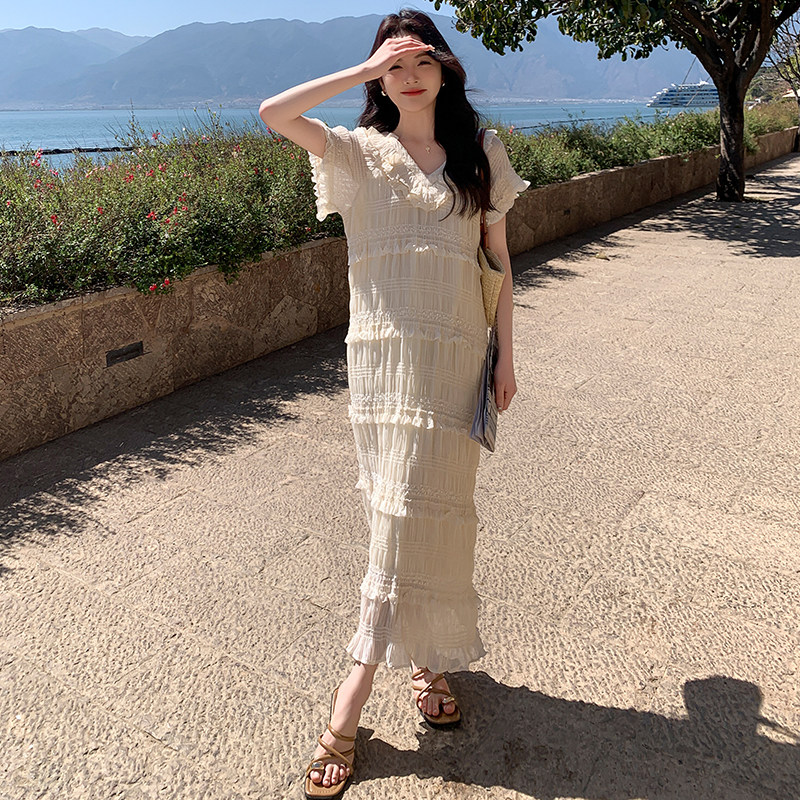 法式木耳边超仙浪漫连衣裙女2025年夏季新款层次感度假风甜美长裙,女装连衣裙,浙宝238