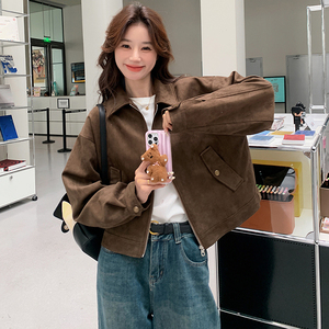 甜酷俏皮麂皮绒外套女2025春秋新款美式复古机车夹克小个子短上衣图片