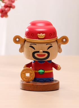 森活木趣财神弹簧车载摇头中控实木摆件创意可爱解压装饰治愈礼物