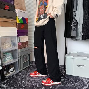 潮直筒高街宽松百搭显瘦裤 夏季 破洞膝盖韩版 痞帅微喇牛仔裤 子 薄款