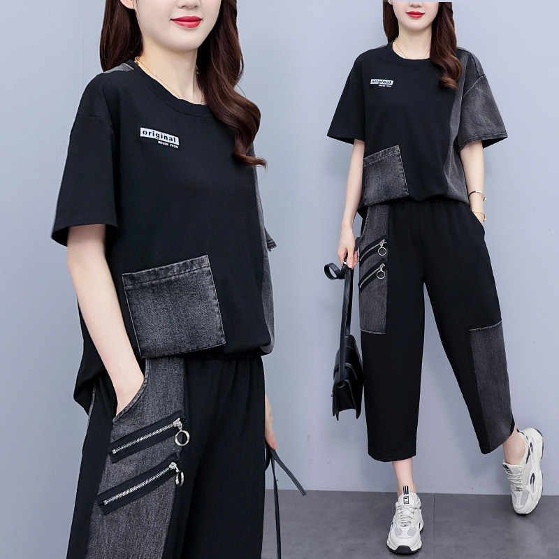 2025短袖休闲运动牛仔拼接大码女装夏季新款时尚遮肚显瘦两件套女,女装/女士精品,大码套装,淘宝优惠券,粉丝福利购,淘宝优惠卷