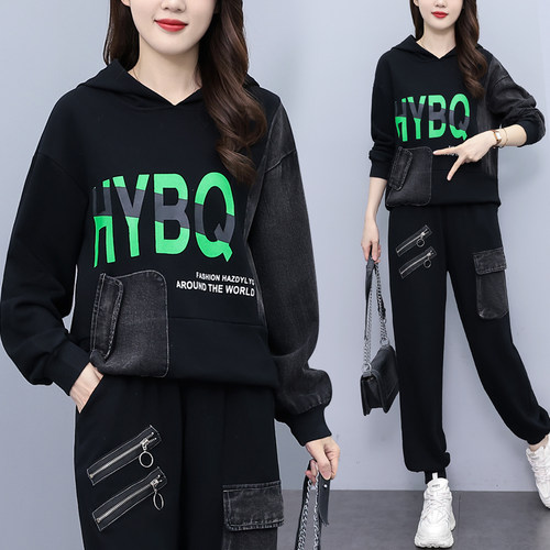 一整套牛仔拼接连帽休闲大码女装春秋卫衣休闲胖妹妹早秋两件套女