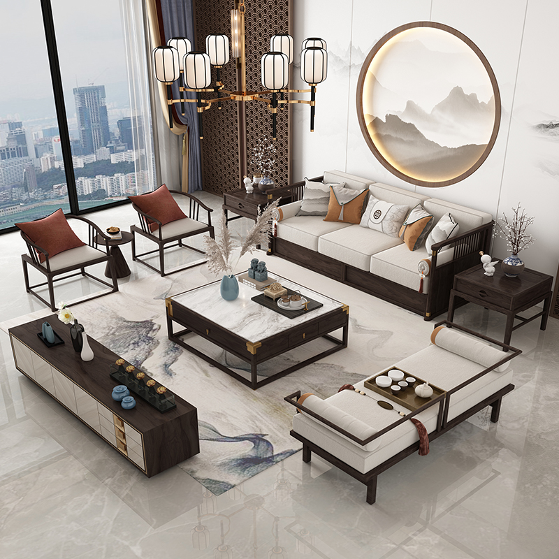新中式沙发别墅简约禅意轻奢样板房大小户型客厅实木家具组合定制
