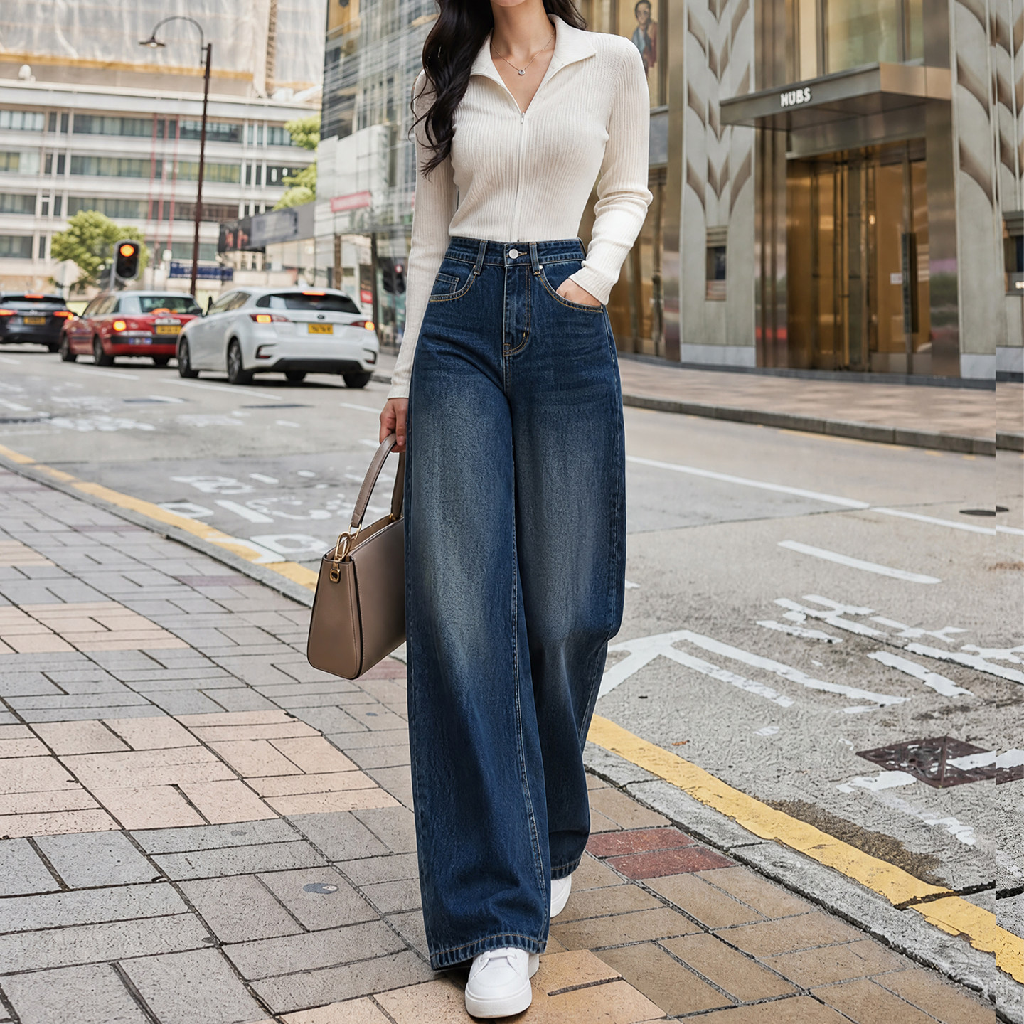高腰深海蓝阔腿牛仔裤女