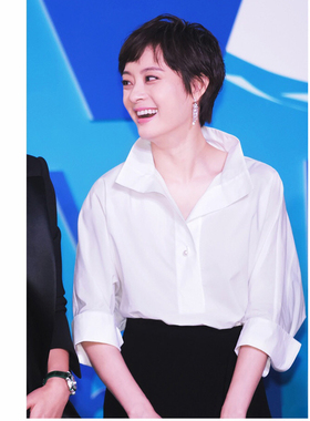 立领白色衬衫女士设计感法式小众休闲百搭V领宽松全棉上衣中袖