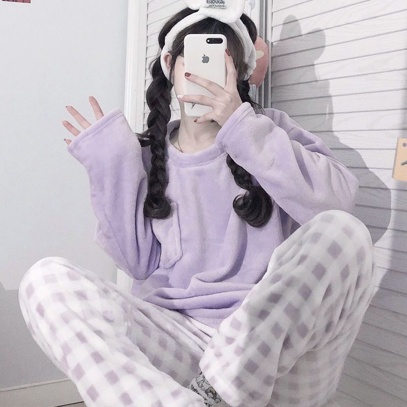韩版ins风法兰绒加厚保暖睡衣女秋冬珊瑚绒甜美可外穿家居服套装